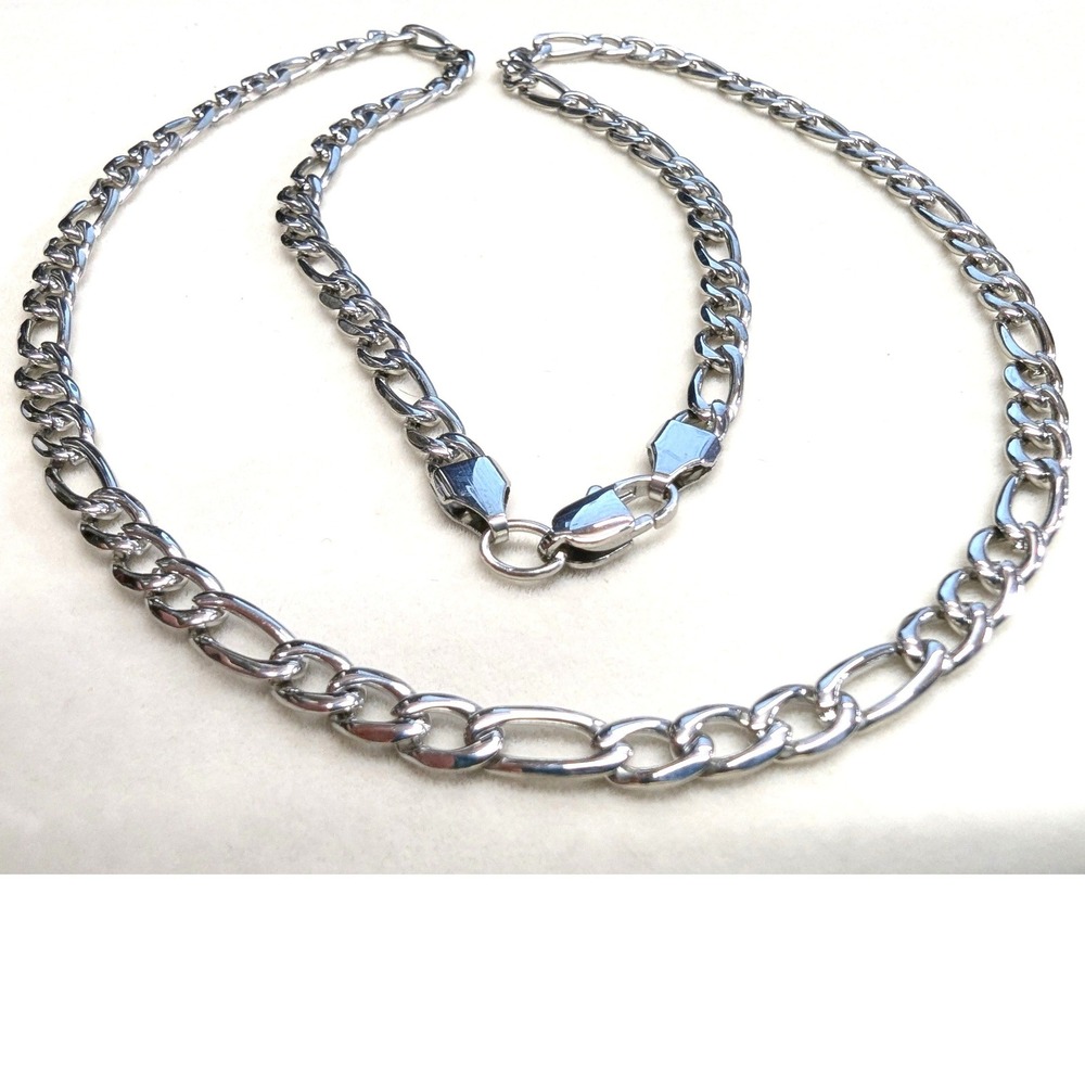 New 22" Stainless Steel 316L Figaro Link Chain Necklace Mens Womens Silver Tone